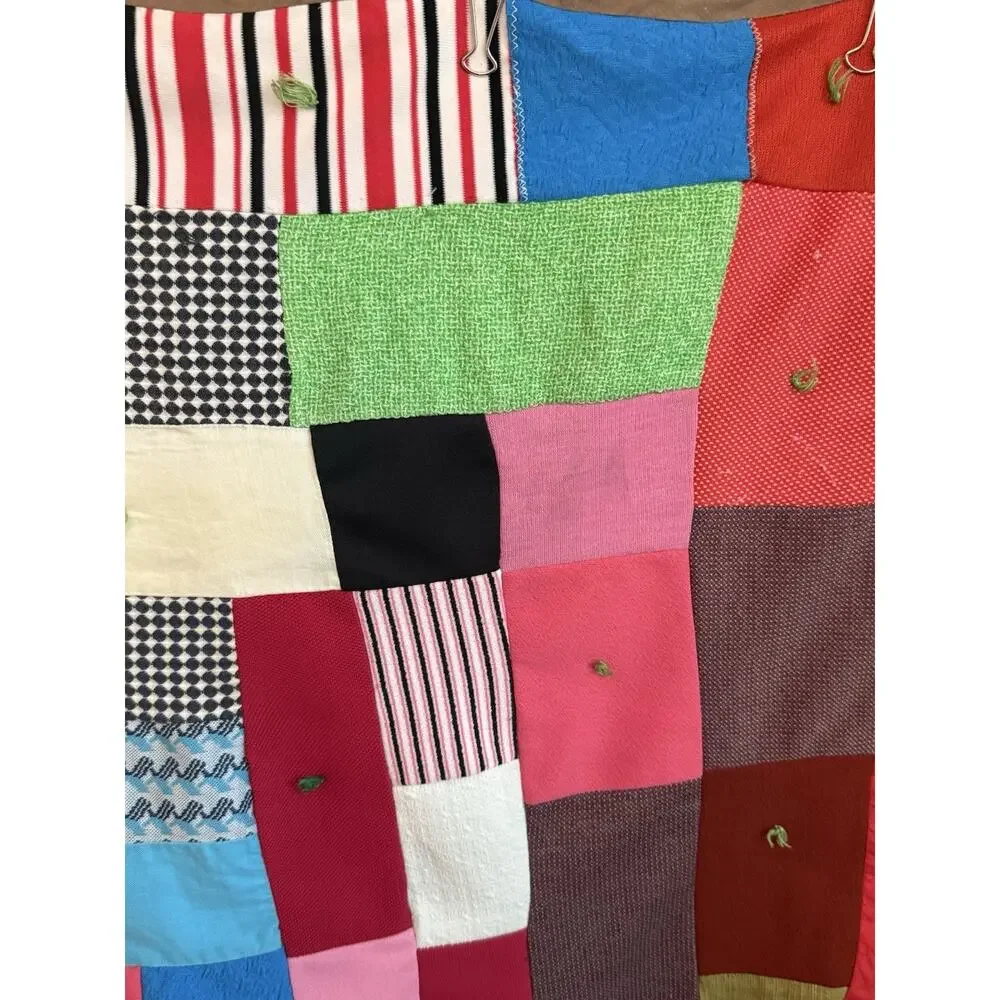 1970s Boho Patchwork Blanket Graphic Prints Quilt VTG Handmade Square 57” X 57”